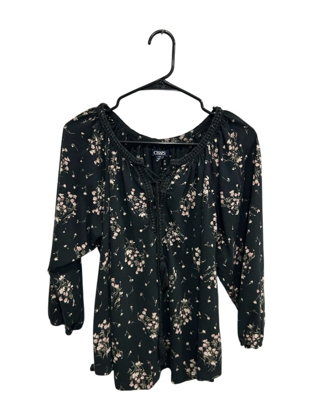 Chaps Large Peasant Top Black Floral Lace Up Tassel Blouse Boho Chic Gardencore